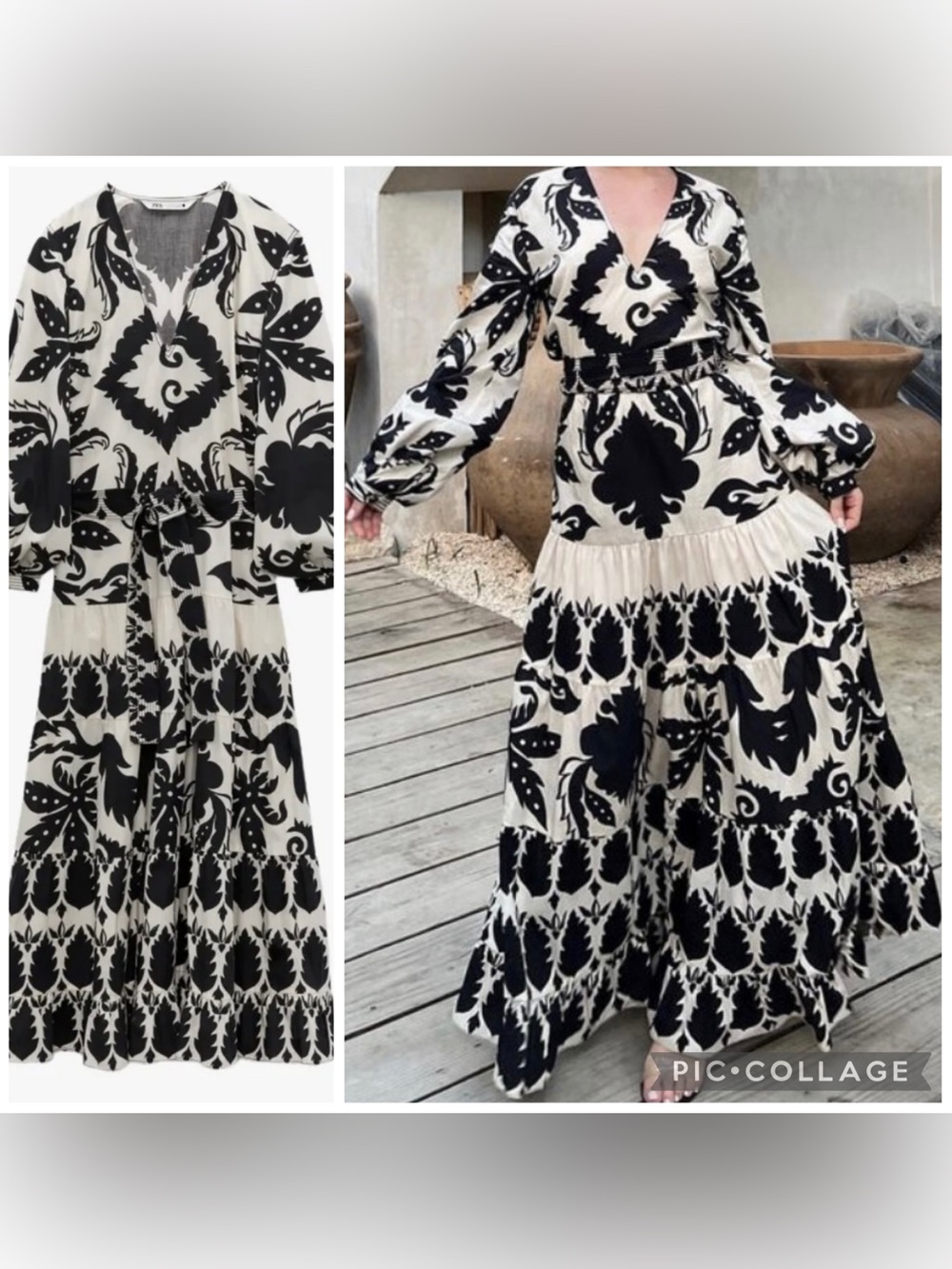 ZARA Women’s Black Ivory Printed Midi Dress Long Sleeve Tiered Belted Size M